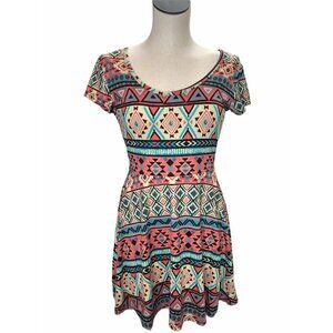 Bobbie Brooks Dress Juniors Women Small Stretch Short Sleeve Mini Pink Aqua Blue